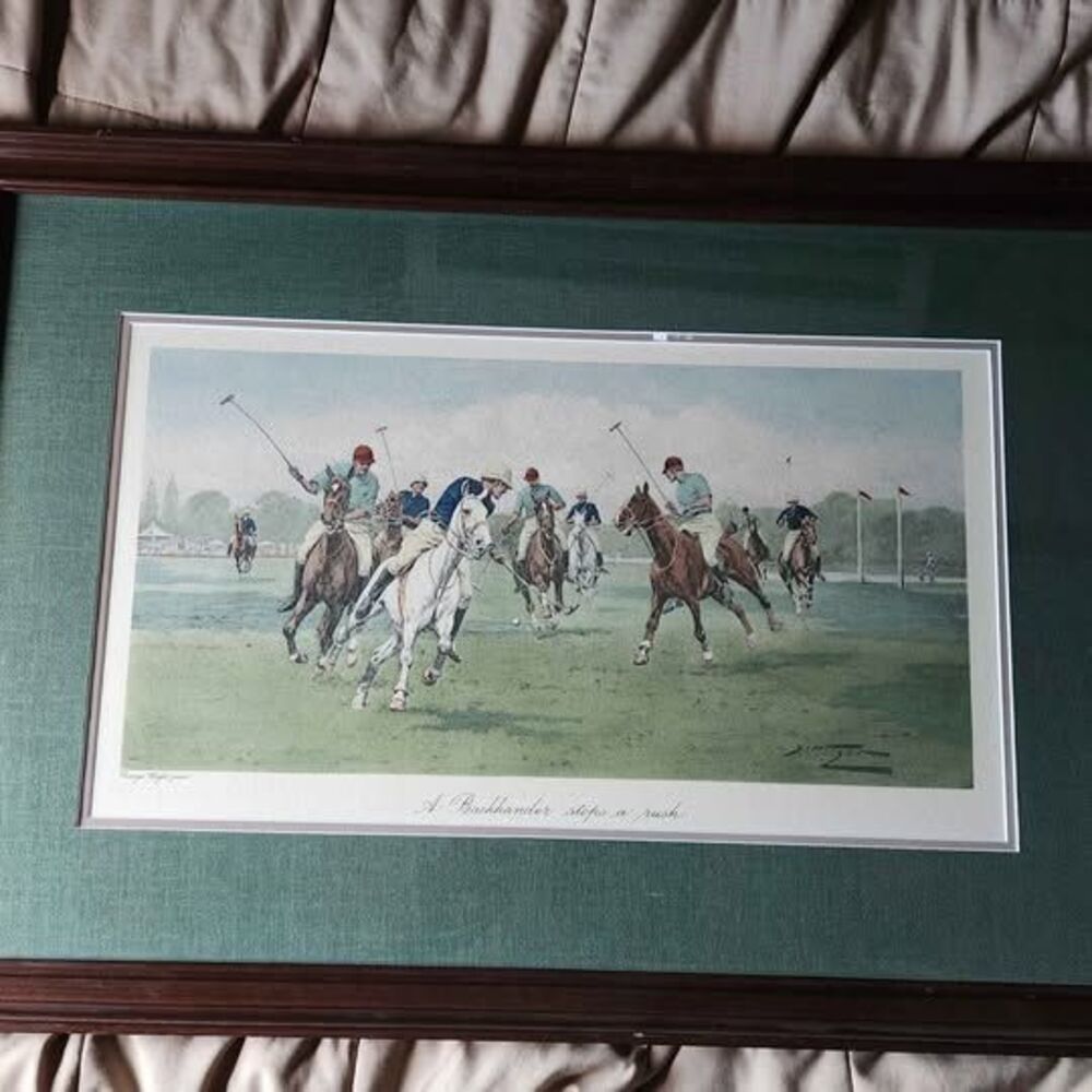 Framed George Wright Polo Print "A Backhander Stops a Rush" , Hand-Signed